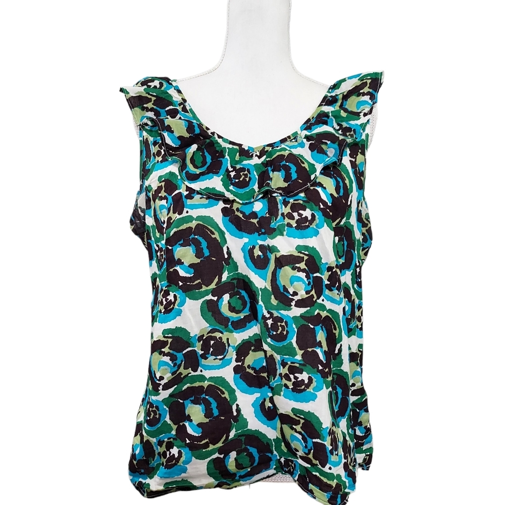 Banana Republic Factory blue and green print ruffle blouse L